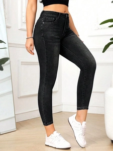 Jean skinny stretch taille haute pour femme en finition gris foncé anthracite délavé