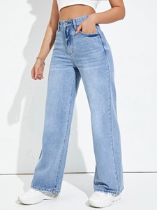Women Casual High Waist Wide Leg Denim Jeans Loose Straight Distressed Washed Retro Style Cotton Blend Long Pants