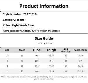 Detailed size chart with measurements in cm for denim shorts including waist and hip data