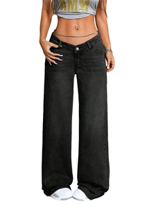 Women's high-waisted wide-leg denim jeans in washed black with a relaxed straight fit style