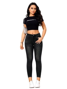 Jean skinny noir à taille haute pour femme en gris anthracite avec texture délavée