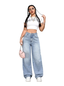 Jeans da donna a vita alta e gamba larga con lavaggio blu chiaro e cinque tasche classiche