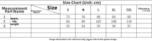 Size guide for denim shorts showing waist and hip measurements from S to 2XL in cm