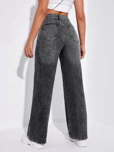 High waist wide leg denim trousers in washed dark grey with back pockets and loose fit