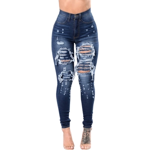 Women high waisted distressed skinny jeans in dark blue with ripped knee details