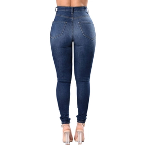 Back view of high waisted dark blue skinny jeans showing the lifting effect and back pockets