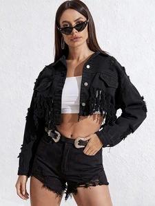 Women Cropped Denim Jacket With Fringe Distressed Washed Jean Jacket Long Sleeve Button Down Sexy Streetwear Top