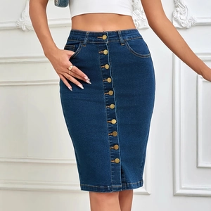 Women High Waisted Denim Skirt Button Front Midi Pencil Skirt Stretch Slim Fit Washed Blue Jean Skirt For Casual Office Wear