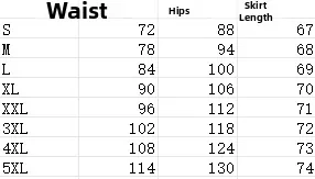 Detailed size chart for denim maxi skirt showing measurements from S to 5XL for model 2318