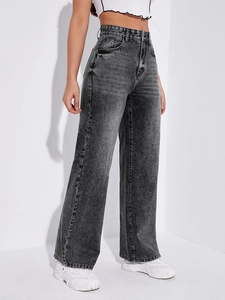 Detailed side view of high-waisted acid wash wide-leg denim jeans in vintage grey black