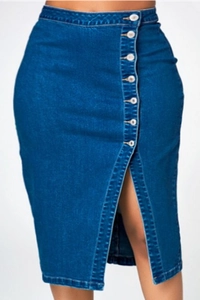 Detail view of high-waist dark blue denim skirt with front buttons and stylish slit