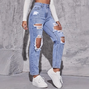 Women High Waist Ripped Straight Leg Jeans Light Blue Distressed Denim Pants Streetwear Fringed Casual Fashion Trousers
