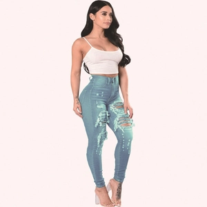 Women high waist skinny ripped denim jeans in light blue with street style distressed details