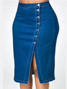 Classic indigo high-waist denim maxi skirt with front buttons and stylish center slit
