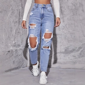 Women's light blue high waisted distressed straight jeans with ripped fringe details