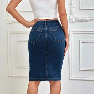 Slim fit high waisted navy blue denim pencil skirt with back pockets for women