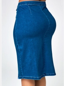Slim fit high waist dark blue denim midi skirt with a professional washed finish