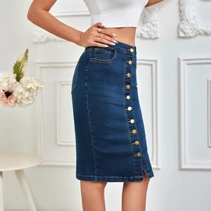 Women's high waist dark blue denim skirt featuring gold button closure and side pockets