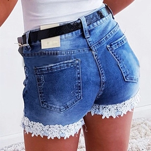 Slim fit denim shorts with white floral lace trim and black belt, stylish back view
