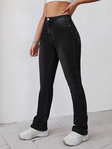 Slim fit high waisted dark grey flare jeans with stylish star pattern for women