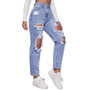 High-waisted light blue distressed straight-leg denim jeans with ripped street style