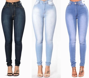 Vaqueros pitillo elásticos de talle alto para mujer en azul oscuro, azul claro y denim