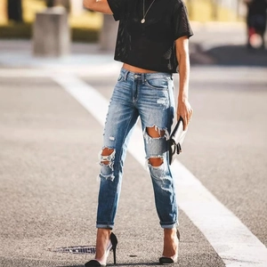 Jeans Déchirés Taille Haute pour Femmes Streetwear Pantalons en Denim Coupe Droite Décontractés Slim Long Bleu Street Style