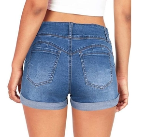 Vista posteriore di pantaloncini di jeans blu scuro a vita alta con orli e tasche posteriori