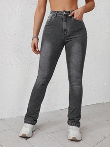 Slim fit high waisted dark grey flared jeans with vintage washed texture and star pattern
