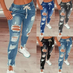 Women's High Waist Ripped Skinny Denim Jeans With Elastic Drawstring Waist Frayed Hem Distressed Slim Pencil Pants