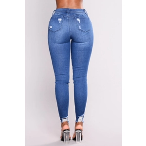 Jeans skinny a vita alta da donna blu scuro con dettagli usurati e orlo a taglio vivo
