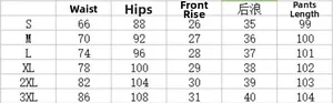 Tableau des tailles détaillé pour jeans skinny extensibles avec mesures de taille et hanches