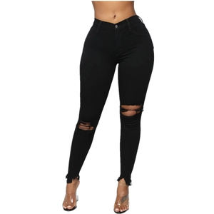 Women's slim fit high-waisted black ripped jeans with distressed knee and frayed hem edges