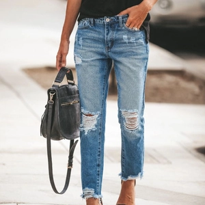 Jeans Droits Déchirés à Taille Haute pour Femmes Pantalons en Denim Usé Salt Wash Avec Bord Franc pour Streetwear Décontracté