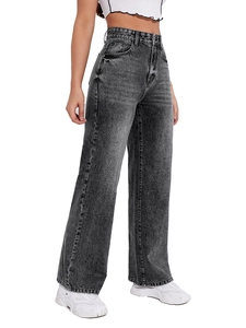 High waist wide leg jeans in washed dark grey denim with a relaxed street style fit
