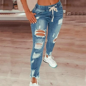 Women's blue high waist ripped denim jeans with elastic drawstring waist and frayed hem