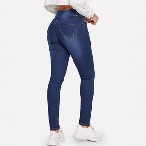 Women's high-waisted skinny jeans in dark blue with ripped detail and pocket design