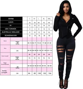 Detailed size chart for women's ripped jeans with measurements for EU US UK AU sizes