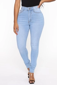 Jeans skinny azzurri a vita alta in denim elastico con vestibilità aderente donna