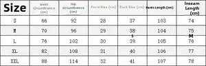 Detailed size guide for high waist stretch straight jeans with measurements in cm