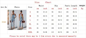 Detailed size chart for distressed denim overalls showing waist and hip measurements