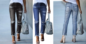 Détails de jeans slim avec textures denim déchirées et ourlets effilochés en trois coloris