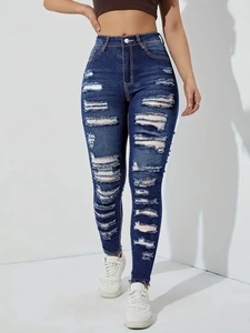 Dunkelblaue Skinny-Jeans mit hoher Taille, Distressed-Details und dehnbarem Denim-Stoff