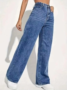 Women high waist stretch straight leg jeans in blue acid wash denim style