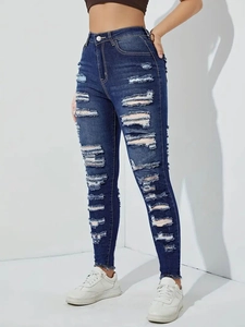 Dunkelblaue High Waist Skinny Jeans mit extremen Rissen und ausgefransten Details