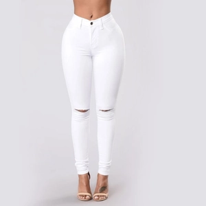 Jean skinny blanc pour femme à taille haute avec déchirures aux genoux et tissu extensible