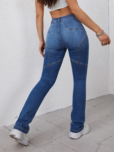 Women High Waisted Flared Jeans With Star Stitching Slim Fit Denim Pants Vintage Wash Streetwear Fashion Trousers
