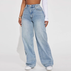 Pantalon Jeans Femme Taille Haute Coupe Droite Décontracté Bleu Clair Délavé Jambe Large Denim Avec Poches Mode
