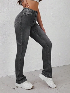 Women's high waist slim fit flare jeans in smoky grey wash with push-up stitching effect