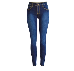 Women high waisted skinny jeans in dark blue wash with vintage yellow stitching details